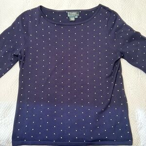 Lauren Ralph Lauren Navy and‎ White Polka Dot 3/4 Sleeve Top. Size M